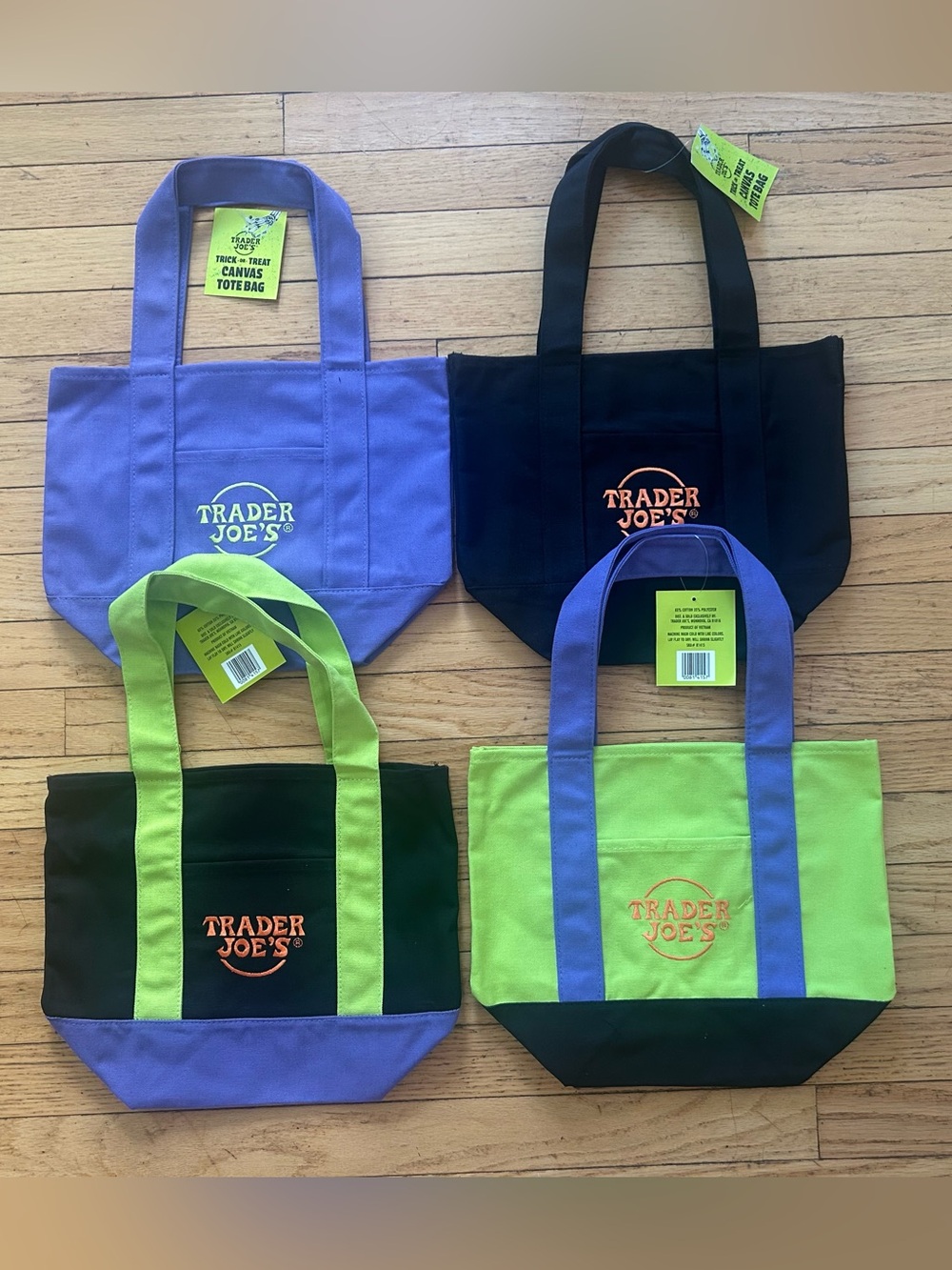 Trader Joe's Trick-or-Treat Mini Canvas Tote Bags Set of 4 Green & Purple